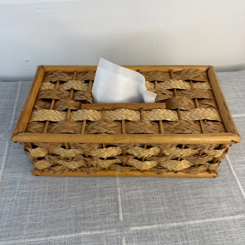 Woven Wicker Rectangle Tissue Box Cover‎ Boho Cottagecore Coastal Decor